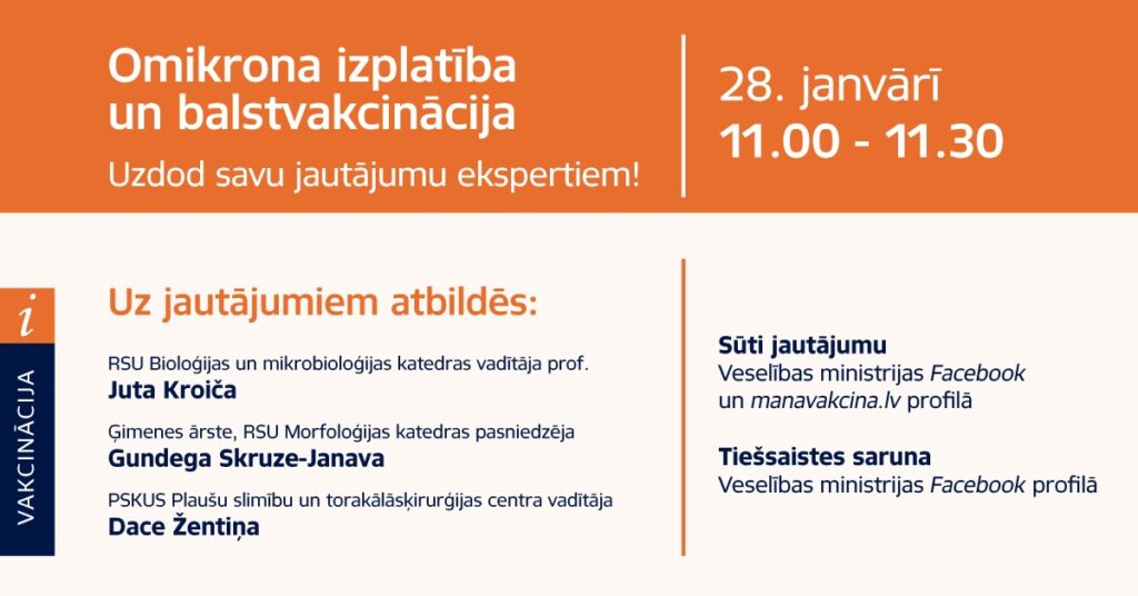 Informatīvas attēls par tiešsaistes sarunu par omikron un balstvakcināciju pret covid-19