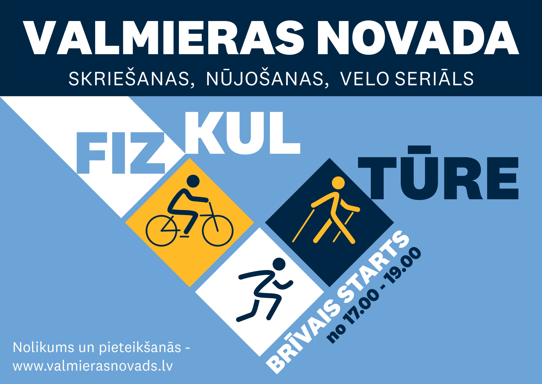 Pamodināt sevī sportisko garu, satikt aktīvus domubiedrus, iepazīt dabas vērtības, vēstures līkločus un atklāt daudz jaunā un nezināmā. To visu būs iespējams piedzīvot, piedaloties Valmieras novada “Fiz-Kul-Tūrē” – skriešanas, nūjošanas un velobraukšanas seriālā