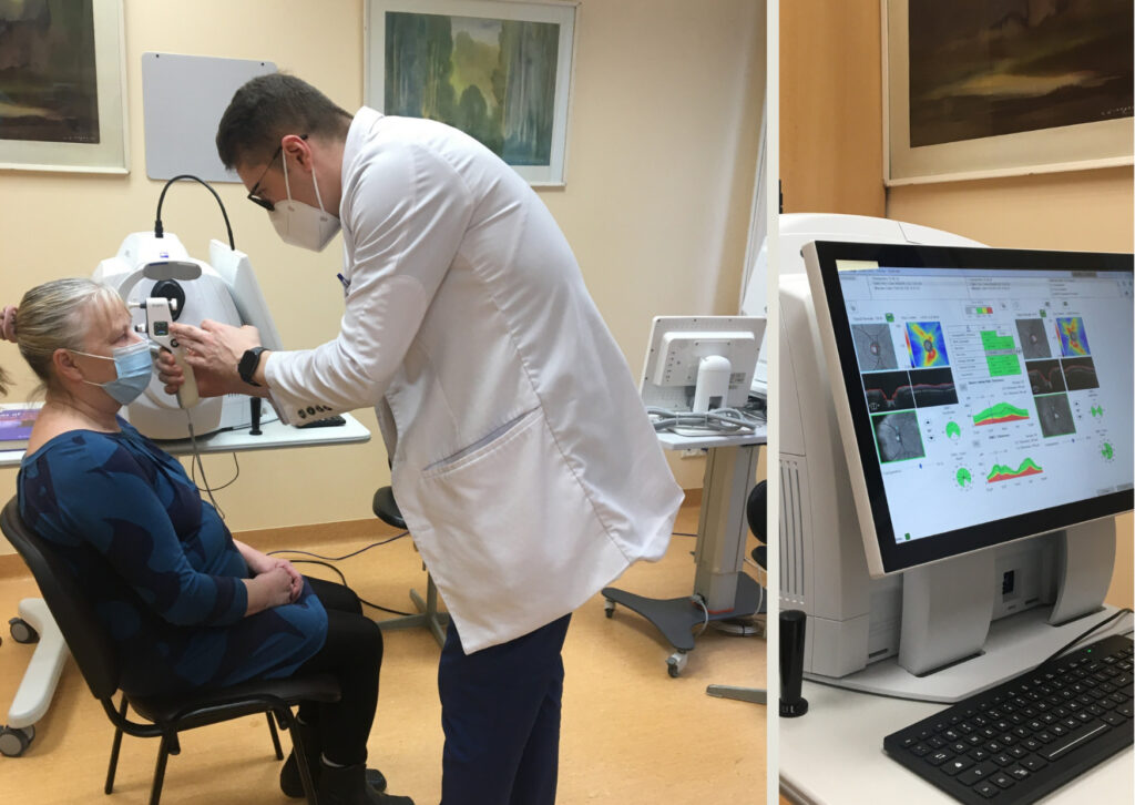 Dr. Dāvis Raščevskis, vecākais oftalmologs, mēra spiedienu pacientei