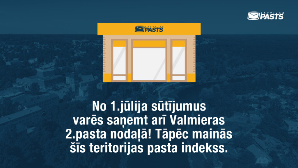 No 2022.gada 1.jūlija mainās Valmieras 2.pasta nodaļas teritorijas adrešu indekss, sūtījumus varēs saņemt šajā nodaļā