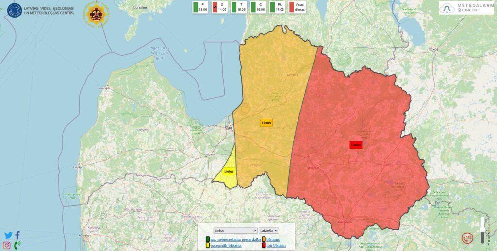 Valsts austrumos sarkanais brīdinājums – gaidāms ilgstošs lietus ar ekstremāli lielu nokrišņu daudzumu