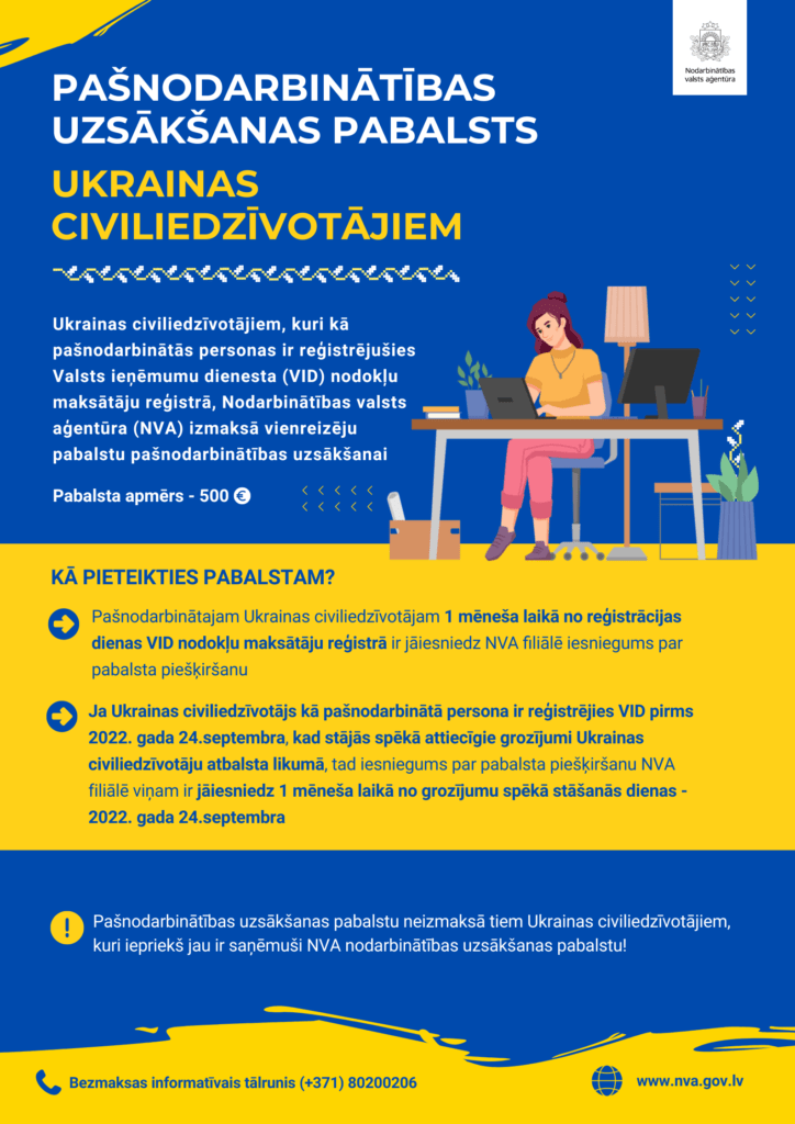  Pašnodarbinātie Ukrainas civiliedzīvotāji  var saņemt NVA pašnodarbinātības uzsākšanas pabalstu