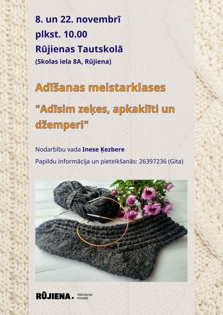 Rūjienas Tautskolā zeķu adīšanas meistarklase