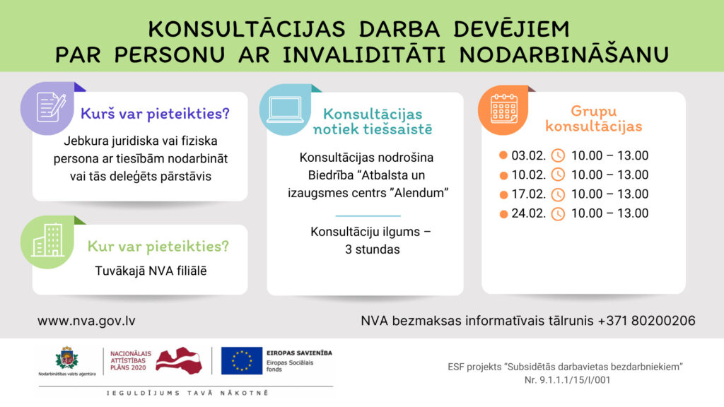 Darba devējiem, kuri nodarbina vai plāno nodarbināt cilvēkus ar invaliditāti, NVA februārī piedāvā četras bezmaksas konsultācijas