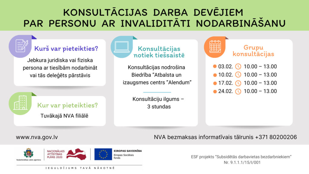 Darba devējiem, kuri nodarbina vai plāno nodarbināt cilvēkus ar invaliditāti,  NVA februārī piedāvā četras bezmaksas konsultācijas 