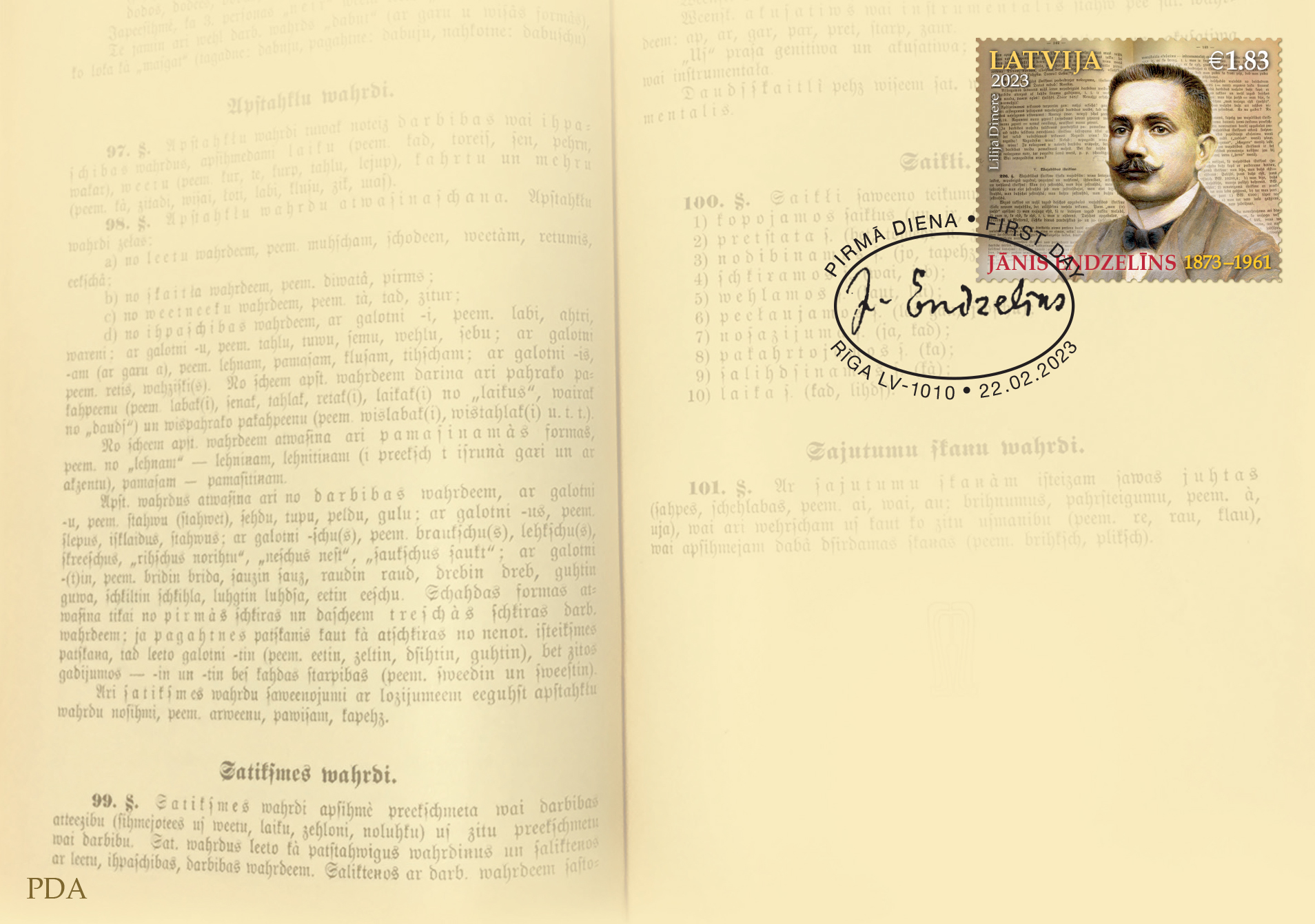 Latvijas Pasts 2023.gada 22.februārī izdod jaunu pastmarku un aploksni par godu izcilā valodnieka Jāņa Endzelīna (1873–1961) 150.jubilejai.