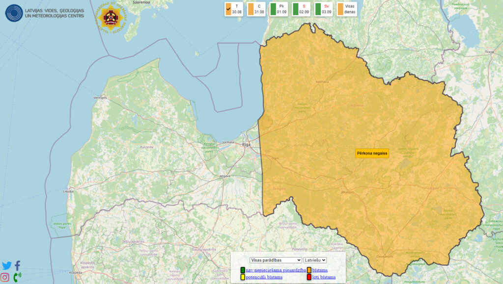 LVĢMC brīdina par ļoti stipru pērkona negaisu iespējamību
