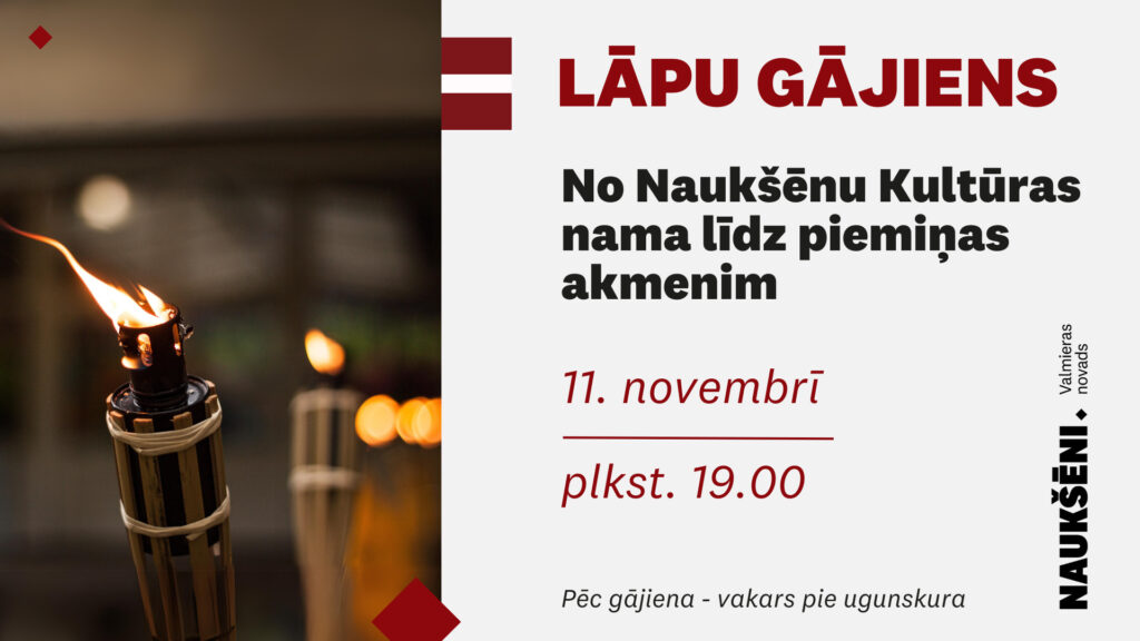 11. novembrī plkst. 19.00 aicinām doties svētku Lāpu gājienā no Naukšēnu Kultūras nama līdz piemiņas akmenim.