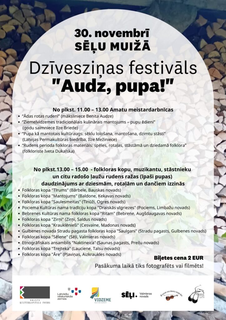 Dzīvesziņas festivāla afiša, attēlojot norises vietu, laiku un programmu