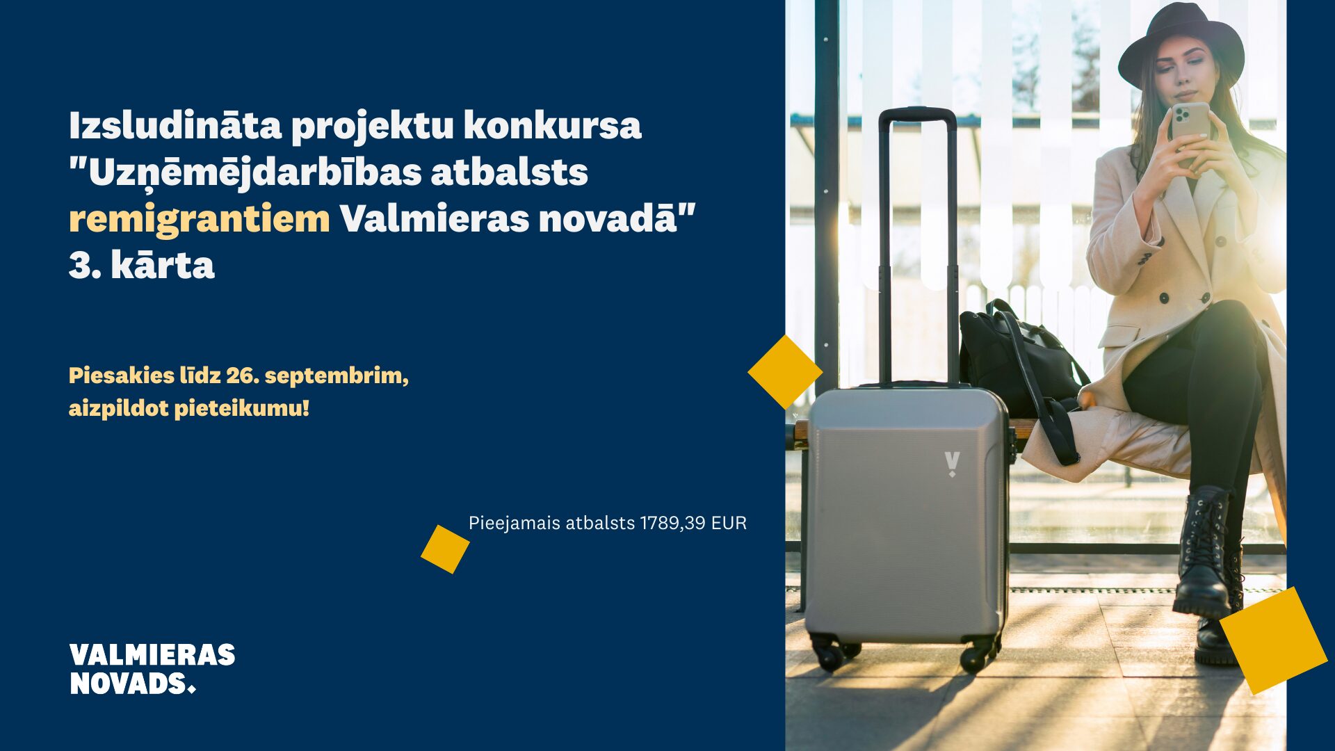 Vizuālis projektu konkursam remigrantiem - meitene ar čemodānu
