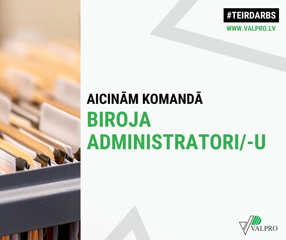 VALPRO darba sludinājums: uzņēmums aicina komandā biroja administratoru/-i. Attēlā redzami dokumentu mapju faili.