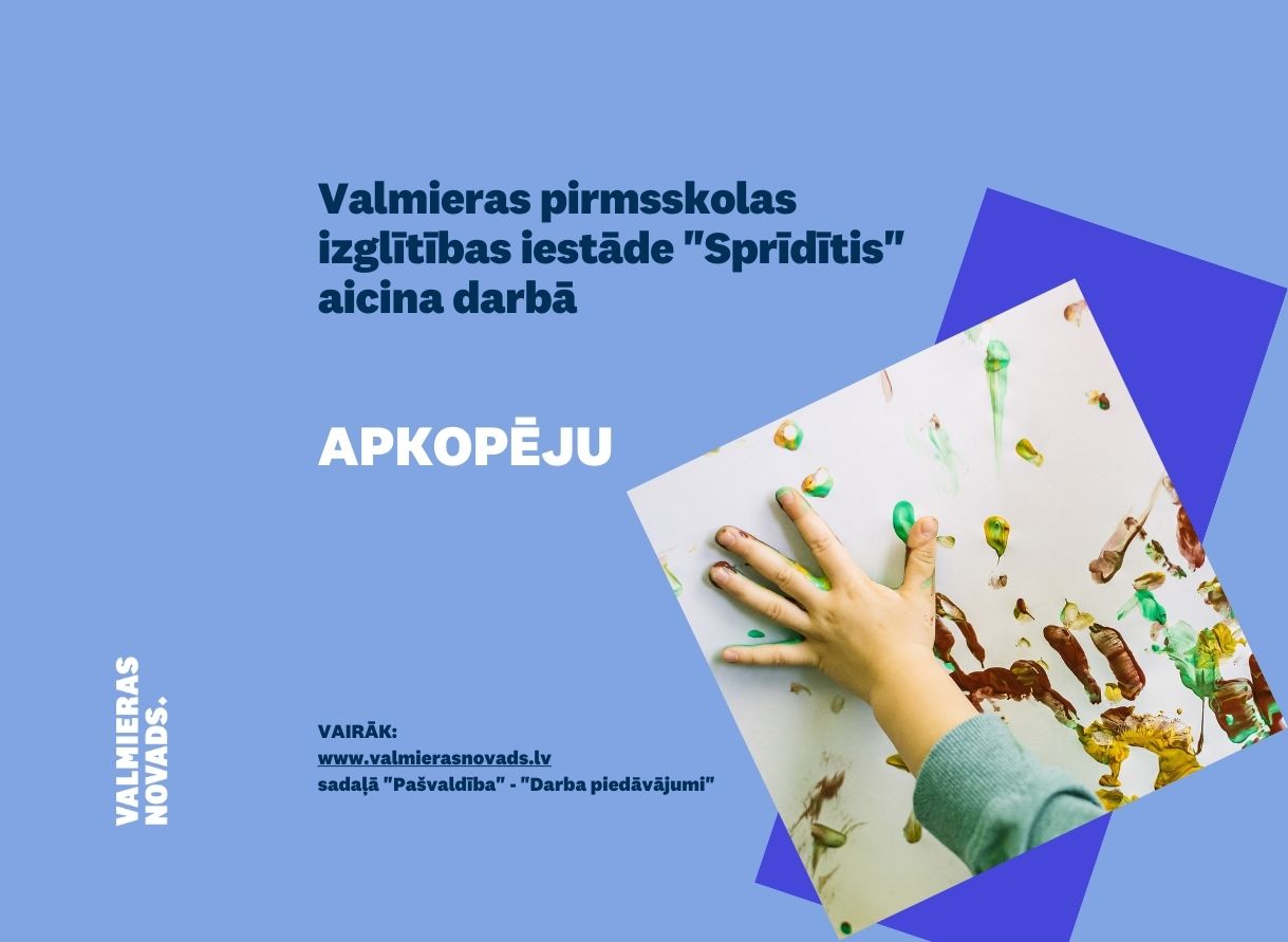 Apkopēja vakance bērnudārzā Sprīdītis. Attēlā bērna roka un krāsu nospiedumi uz baltas sienas