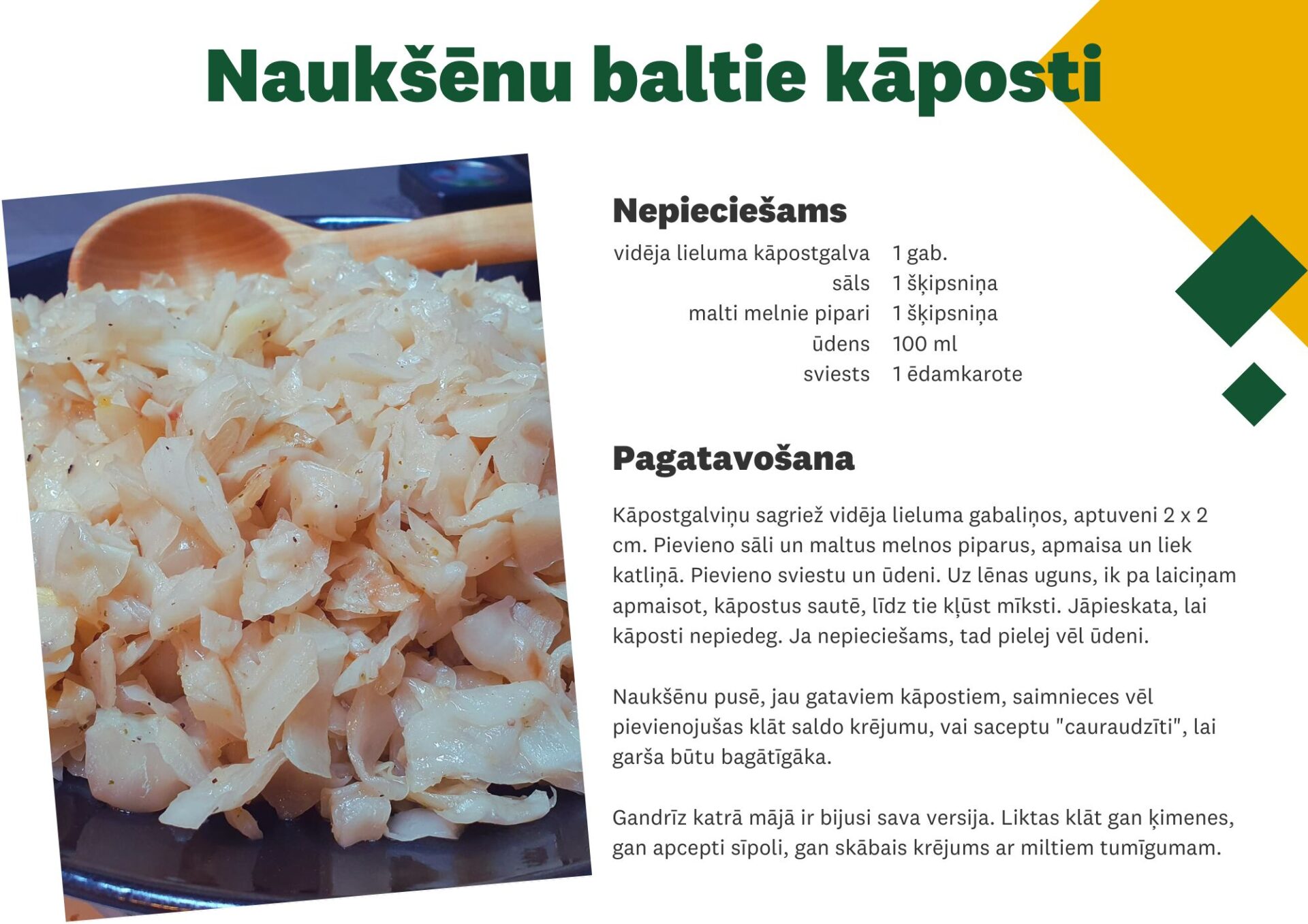 Naukšēnu balto kāostu recepte. Attēlā kāposti un koka karote.