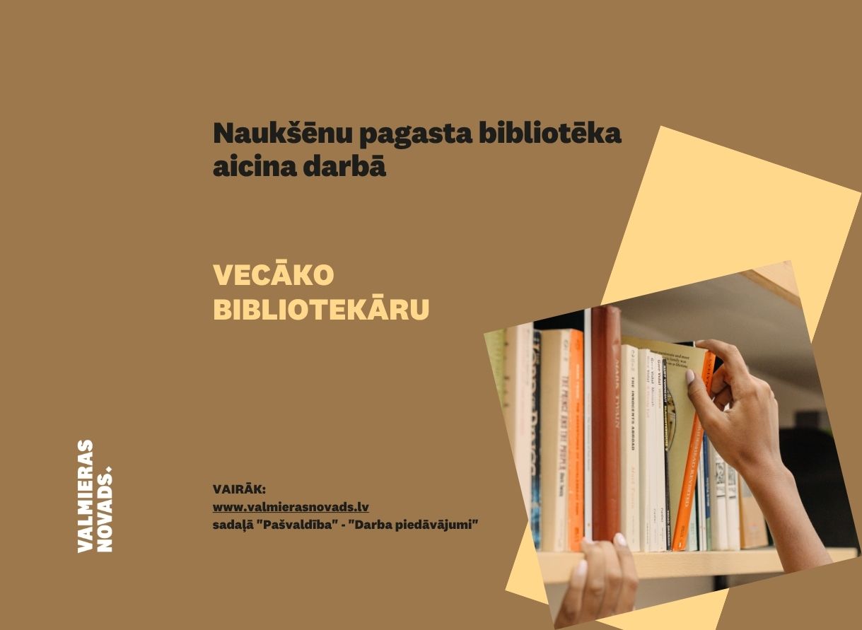 vecākā bibliotekāra vakance Naukšēnu bibliotēkā. Attēlā plaukts ar grāmatām