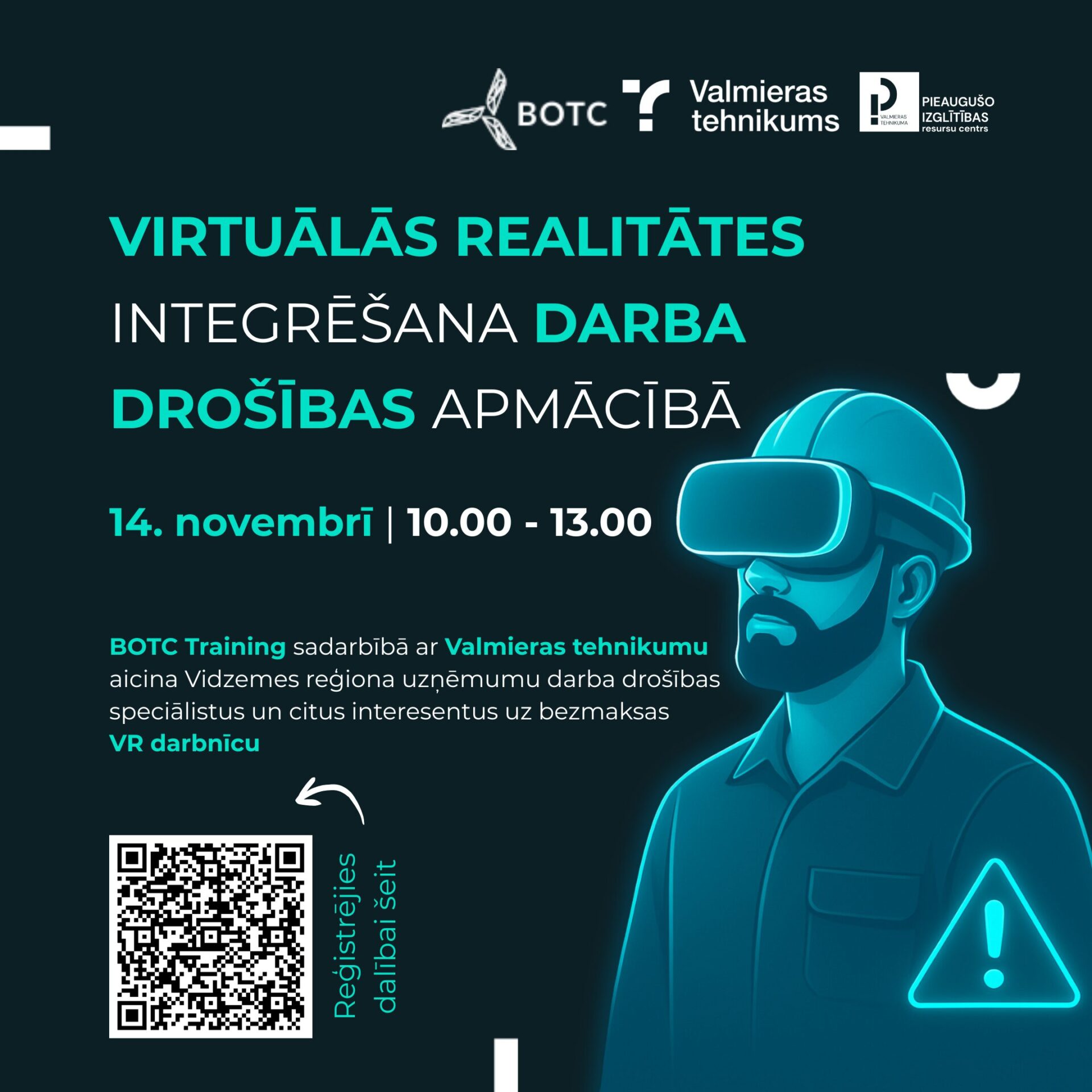 Apmācību vizuālis - vīrietis ķiverē ar virtuālās realitātes brillēm