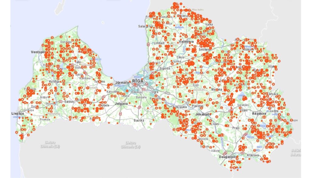 vilku klātbūtnes pazīmju kartes slāņa attēlojums mobilajā lietotnē “Mednis”