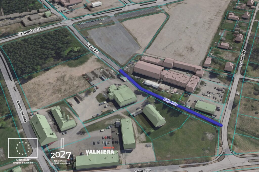 Vizuālis, kurā redzama 3D aero karte ar iezīmētu vietu, kur tiks izbūvēts Zāļu ielas turpinājums