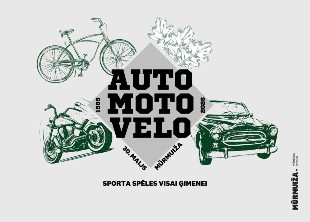 Pelēks pasākuma plakāts ar lielu uzrakstu “Auto Moto Velo”. Centrā norādīts: “1989”, “2026”, “30. maijs”, “Mūrmuiža”. Apkārt izvietotas retro transportlīdzekļu ilustrācijas – velosipēds, motocikls un automašīna –, kā arī ozollapas motīvs. Apakšā rakstīts: “Sporta spēles visai ģimenei”, bet malā – “Mūrmuiža, Valmieras novads”.