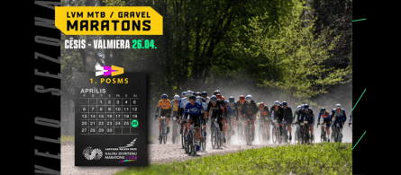 Baneris - LVM MTB /Gravel maratona 1. posms Cēsis–Valmiera 26. aprīlī. Attēlā velobraucēji