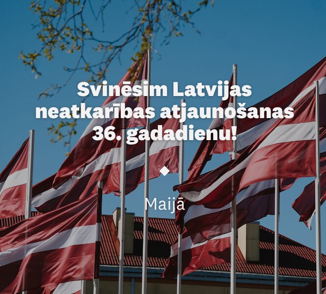 Svinēsim Latvijas neatkarības atjaunošanas 36. gadadienu! Attēlā Latvijas karogi