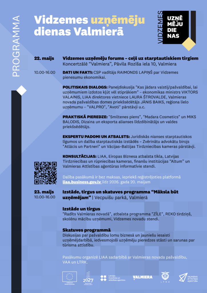 Izziņota "Vidzemes uzņēmēju dienu 2026" programma: uzmanības centrā eksports un uzņēmējdarbības vērtība