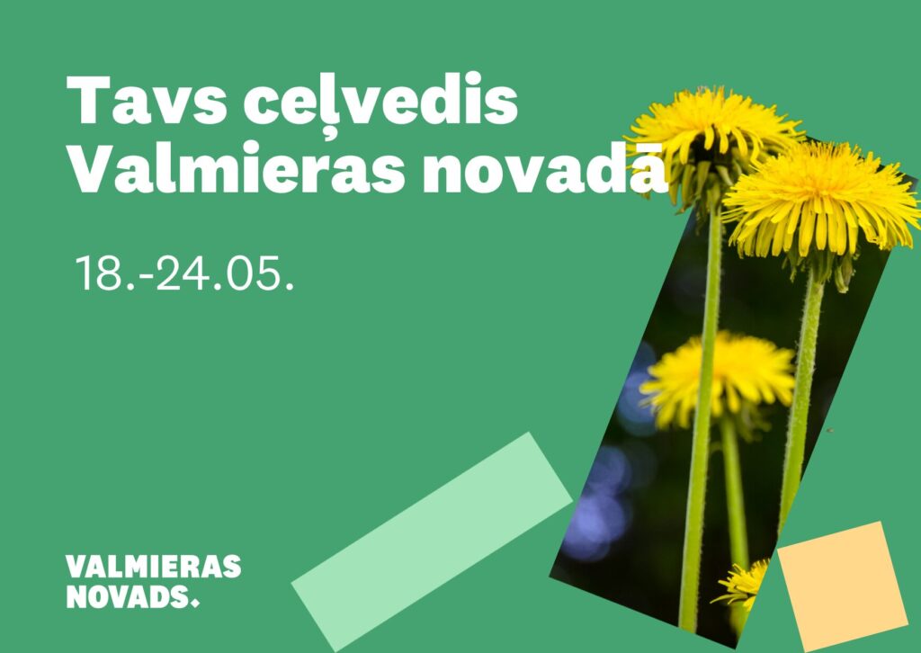 Vizuālis ar tekstu, Valmieras novada logo un pieneņu foto