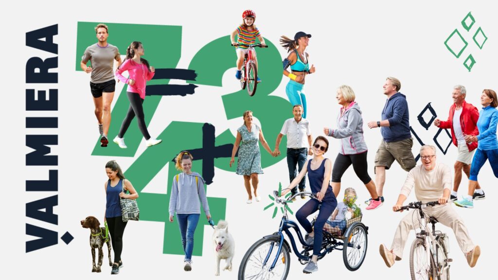 Sporta izaicinājums Valmieras 743. dzimšanasdienā. Attēlā dažādi cilvēki, kuri sporto un svētku logo.