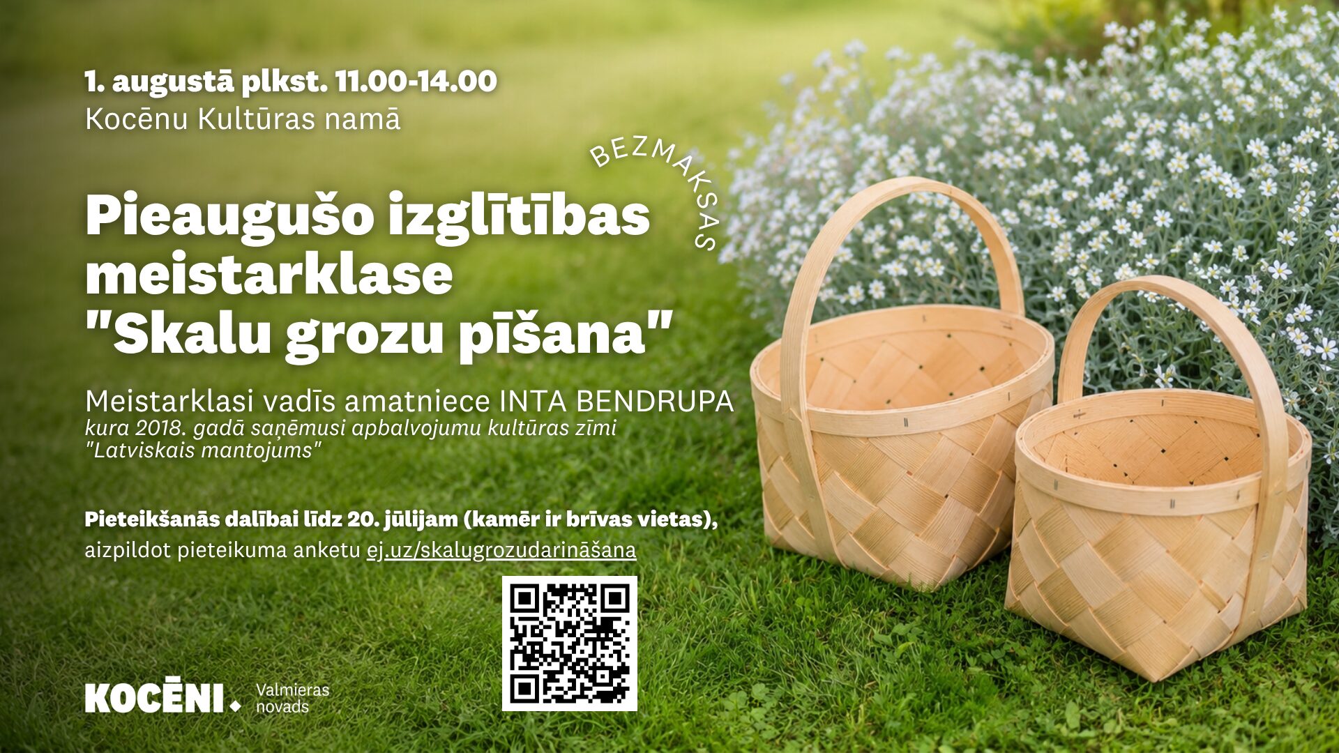 Pieaugušie aicināti pieteikties dalībai bezmaksas meistarklasē “Skalu grozu pīšana”