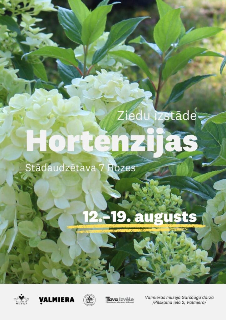 Afiša par ziedu izstādi “Hortenzijas”.
