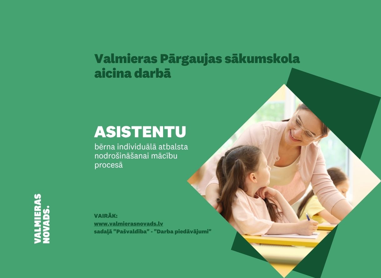Valmieras Pārgaujas sākumskola aicina darbā asistentu. attēlā skolotāja, kura palīdz meitenei mācībās