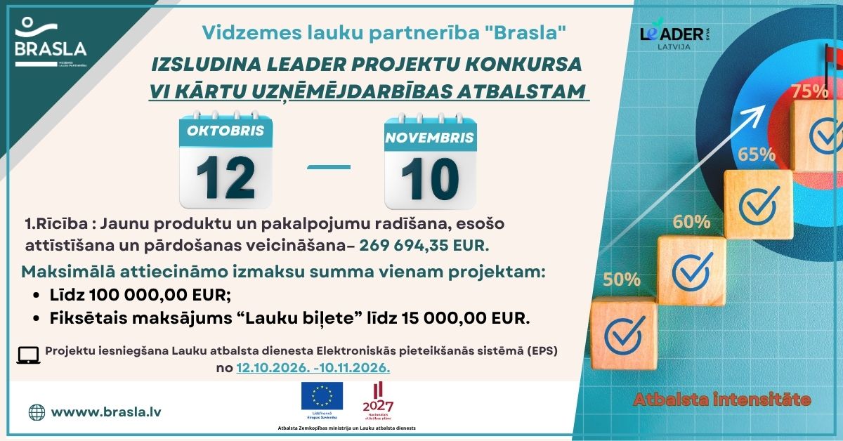 Izsludināta LEADER projektu konkursa VI kārta uzņēmējdarbības atbalstam